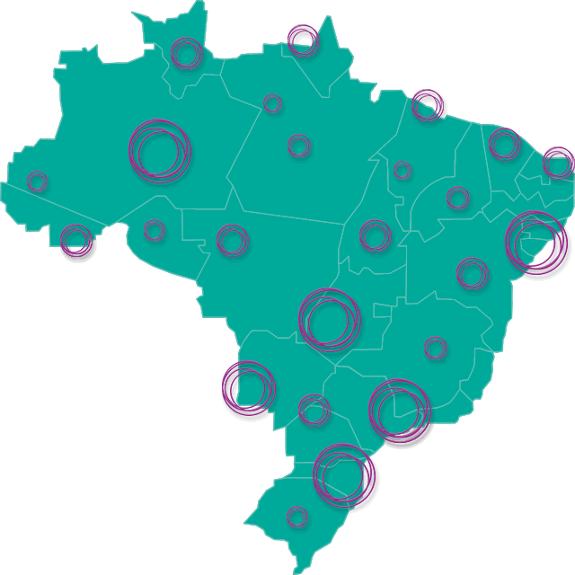 mapa do brasil com pontos roxos circulados por multiplas cidades e estados - mostrando que brasileiros por todo o país possuem perda auditiva
